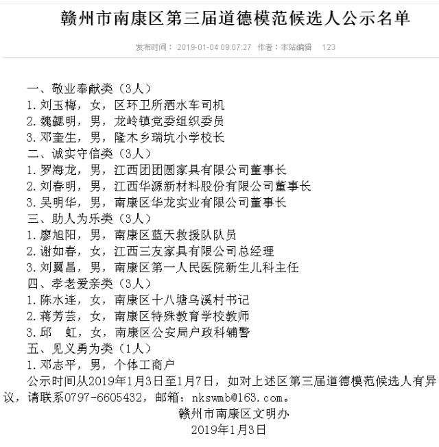 南康区第三届道德模范候选人公示名单