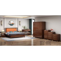 卫府里新中式家具：床C610、床头柜CG603、四门衣柜BG605、斗柜DG602